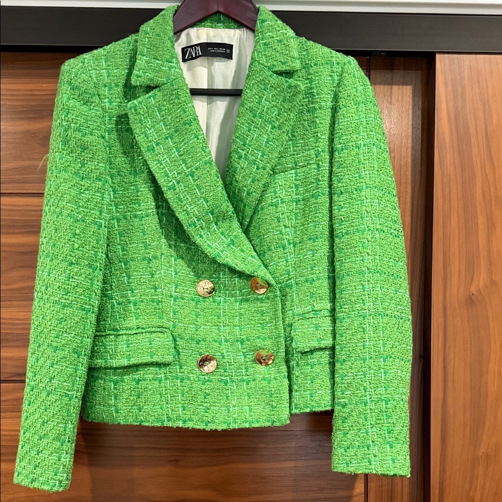 Zara Green Tweed Blazer with Gold Buttons